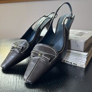 Bill Blass Vintage Brown Leather Slingback Heels Kiltie Loafer Toe Size 9M